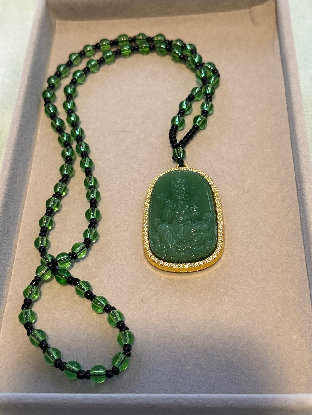 Green Glass Jade Buddha Amulet Pendant with Gold Trim